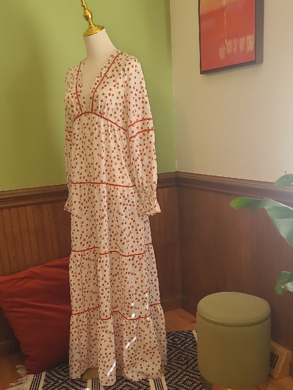 Nasty Gal Cream And Orange Floral Print Maxi Boho Dress With Velvet Piping NWT